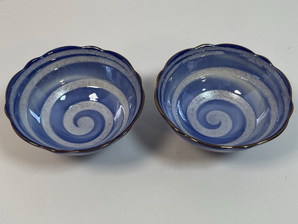 Blue Swirl Glazed Japanese Uzumaki design Kobachi Bowls Signed Pottery Set Of 2